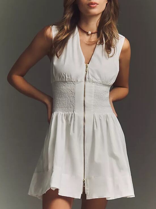 By Anthropologie Dresses & Skirts - By Anthropologie Women’s Tommie White Cap Sleeve Smocked Front Zip Shirt Dress